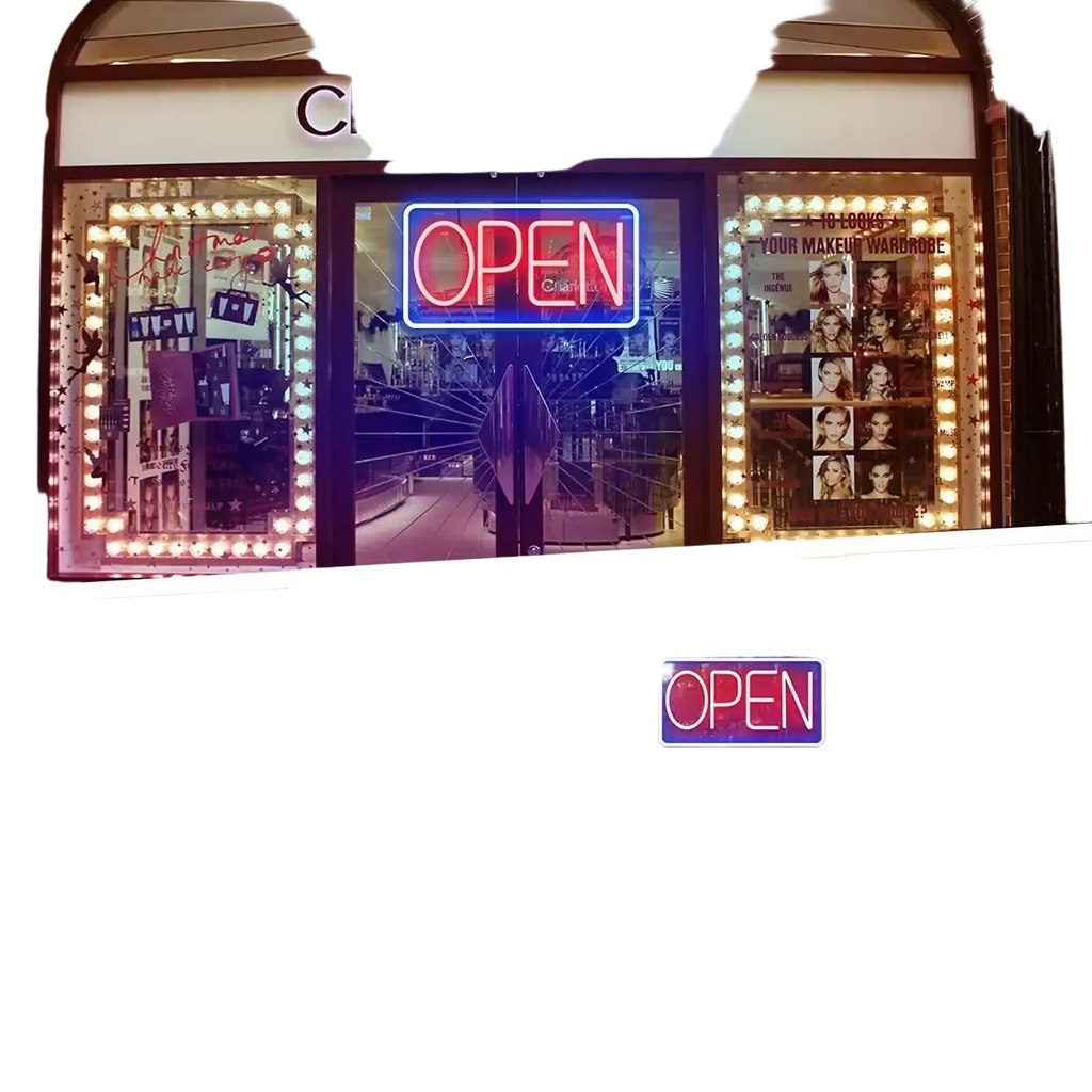 Led open neon sign with adjustable brightness featuring glowing red and blue neon lights as a vibrant light source