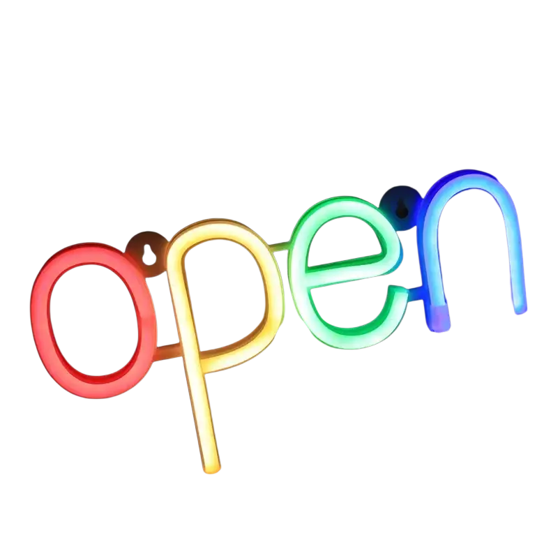 Led open neon sign with rainbow-colored neon lights and adjustable brightness as a vibrant light source