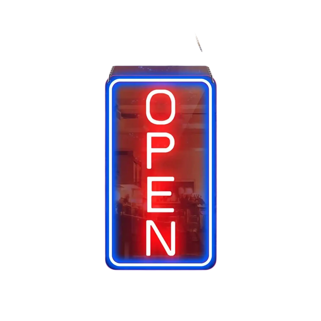Led open neon sign with adjustable brightness featuring red neon lights and blue border as an illuminated light source