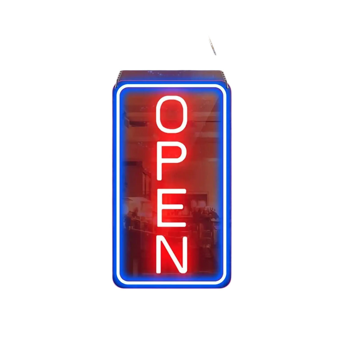 Led open neon sign with adjustable brightness featuring red neon lights and blue border as an illuminated light source