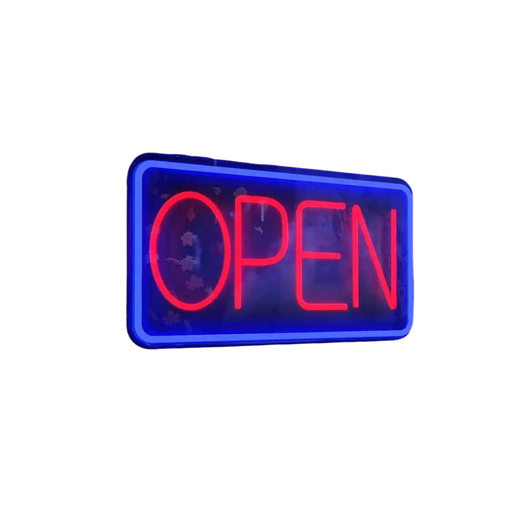 Led open neon sign with adjustable brightness featuring glowing red and blue neon lights as a vibrant light source