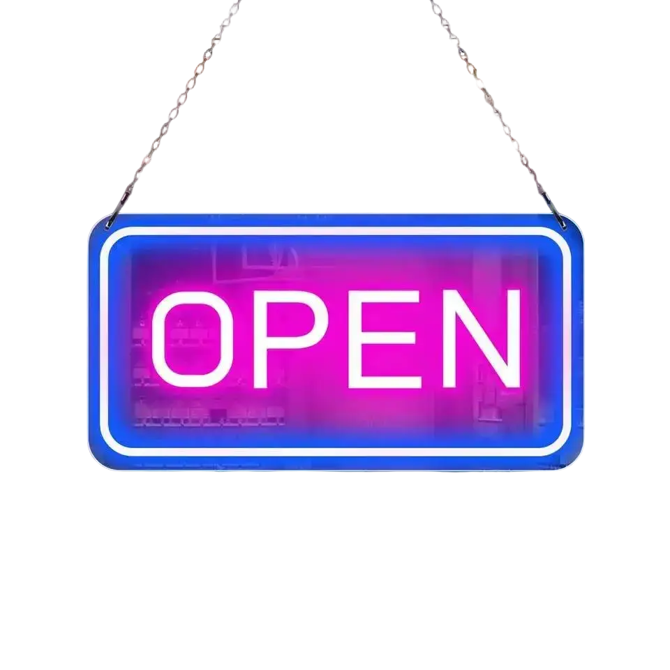 Led open neon sign with adjustable brightness featuring vibrant neon lights in glowing pink and blue gradient light source