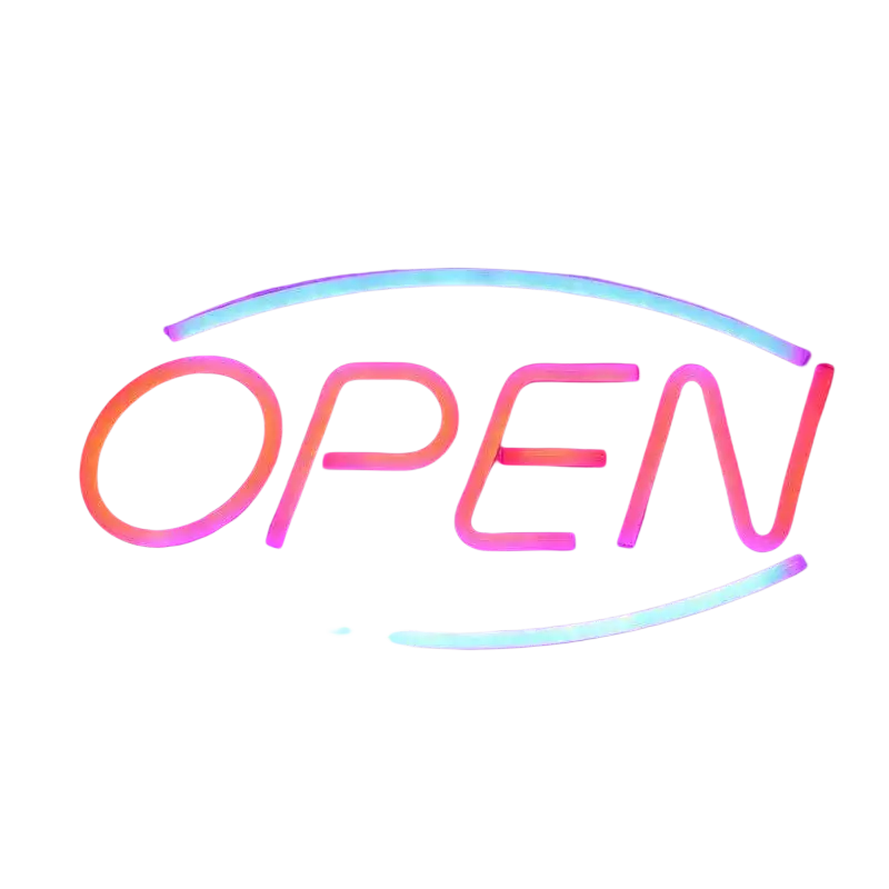 Led open neon sign with adjustable brightness featuring vibrant pink neon lights and a blue purple curved outline light source