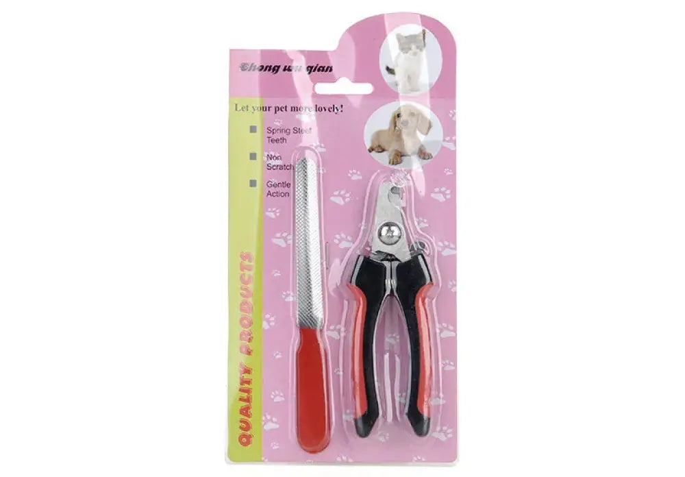 Led cat nail clipper with precision safety light featuring red and black spring steel teeth in pink packaging