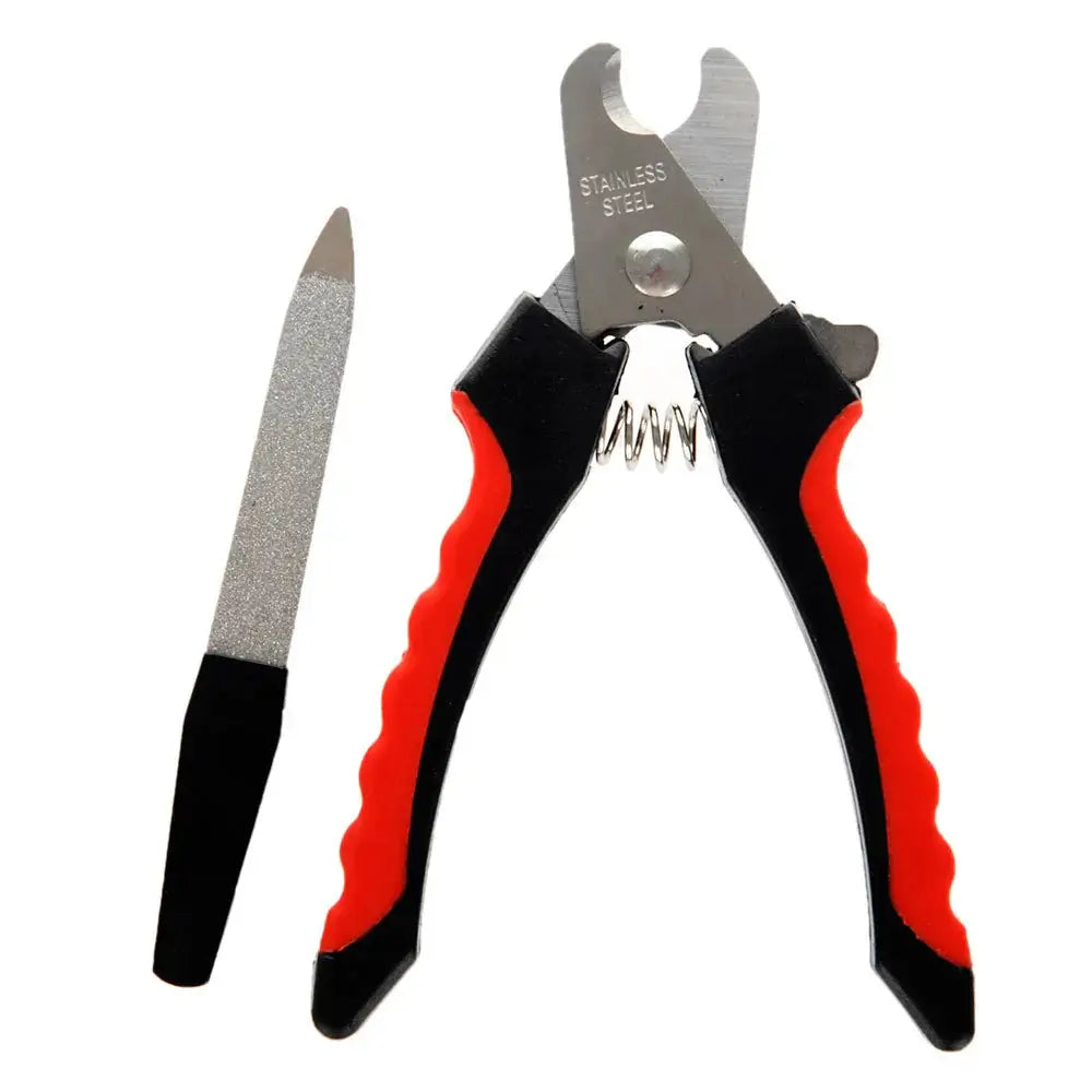Led cat nail clipper with precision safety light in red and black with stainless steel blades for safe grooming