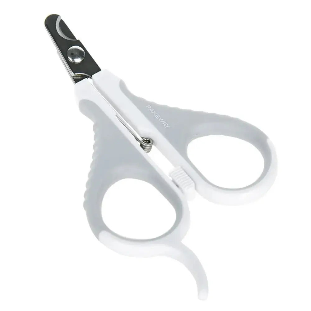 White plastic led cat nail clipper with silver metal blade and paweway brand engraved on the handle for precision safety