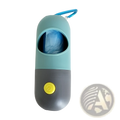 Led pet waste bag dispenser with light in gray and blue featuring a yellow button for easy waste disposal