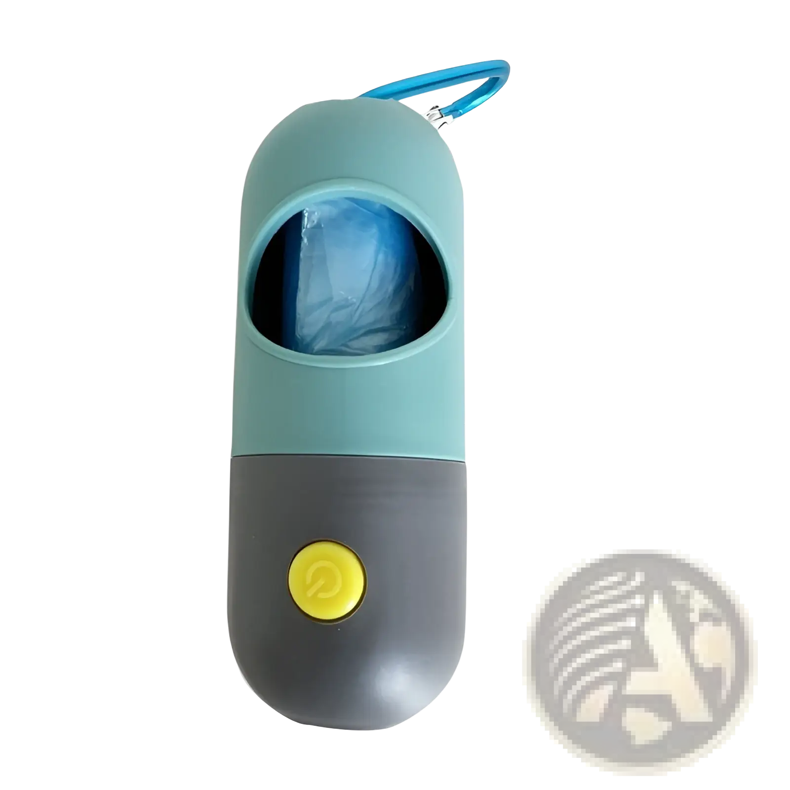 Led pet waste bag dispenser with light in gray and blue featuring a yellow button for easy waste disposal
