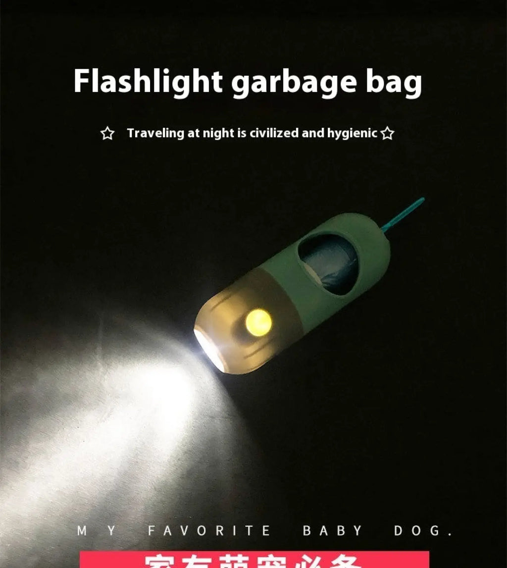 Led pet waste bag dispenser with built-in light featuring green and beige flashlight garbage bag holder design