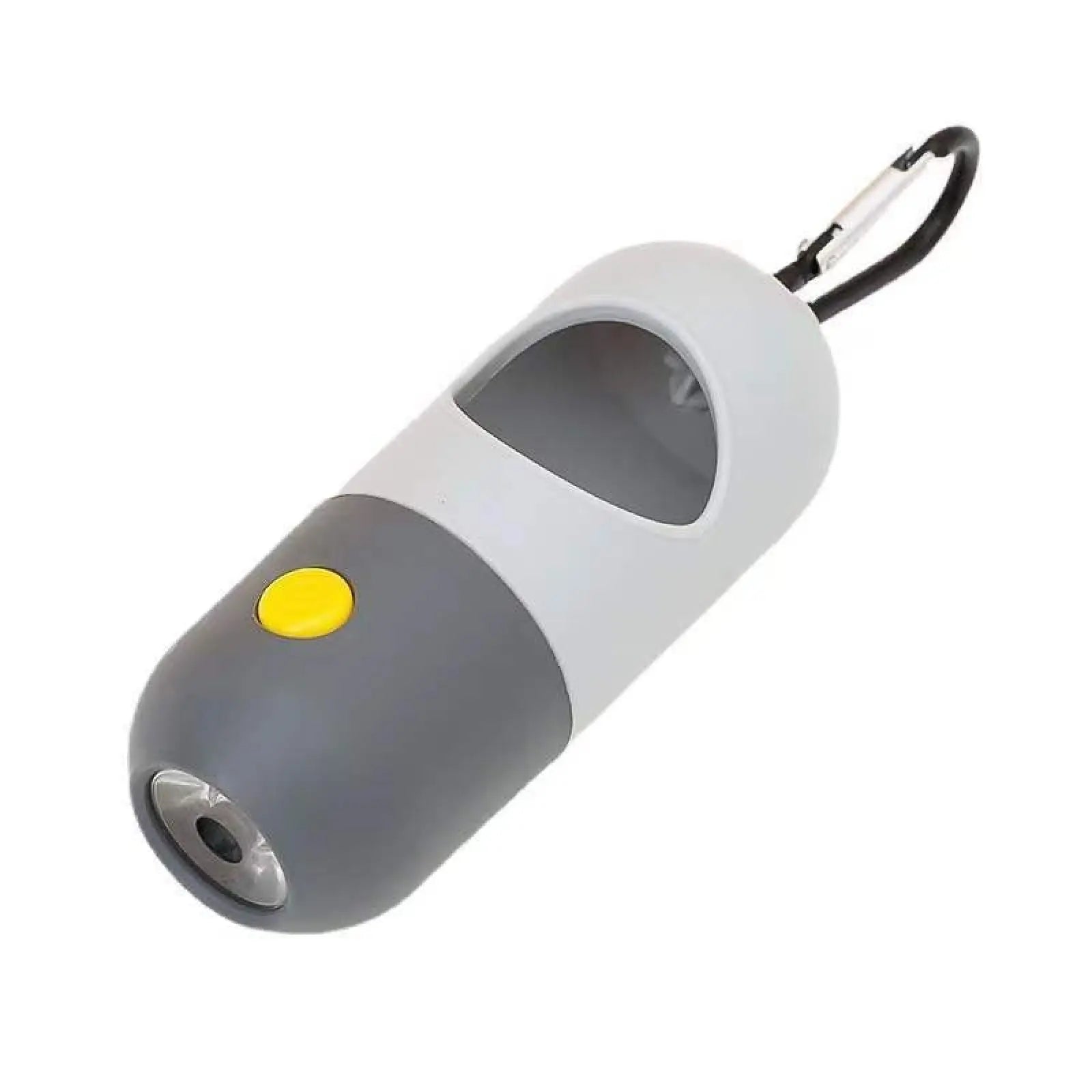 Led pet waste bag dispenser with light gray and white with yellow button integrated flashlight and black carabiner clip