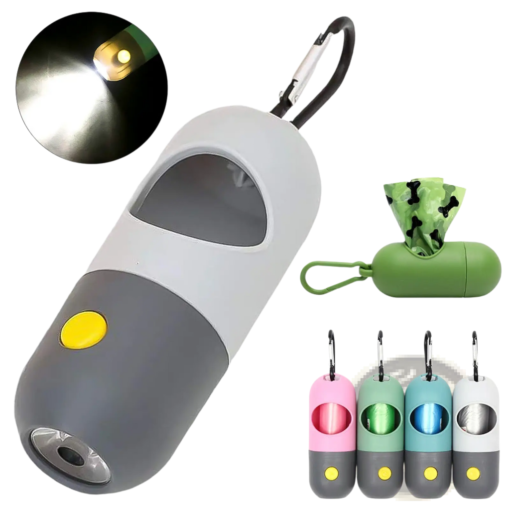 Led pet waste bag dispenser with integrated led light in gray and yellow for convenient nighttime use