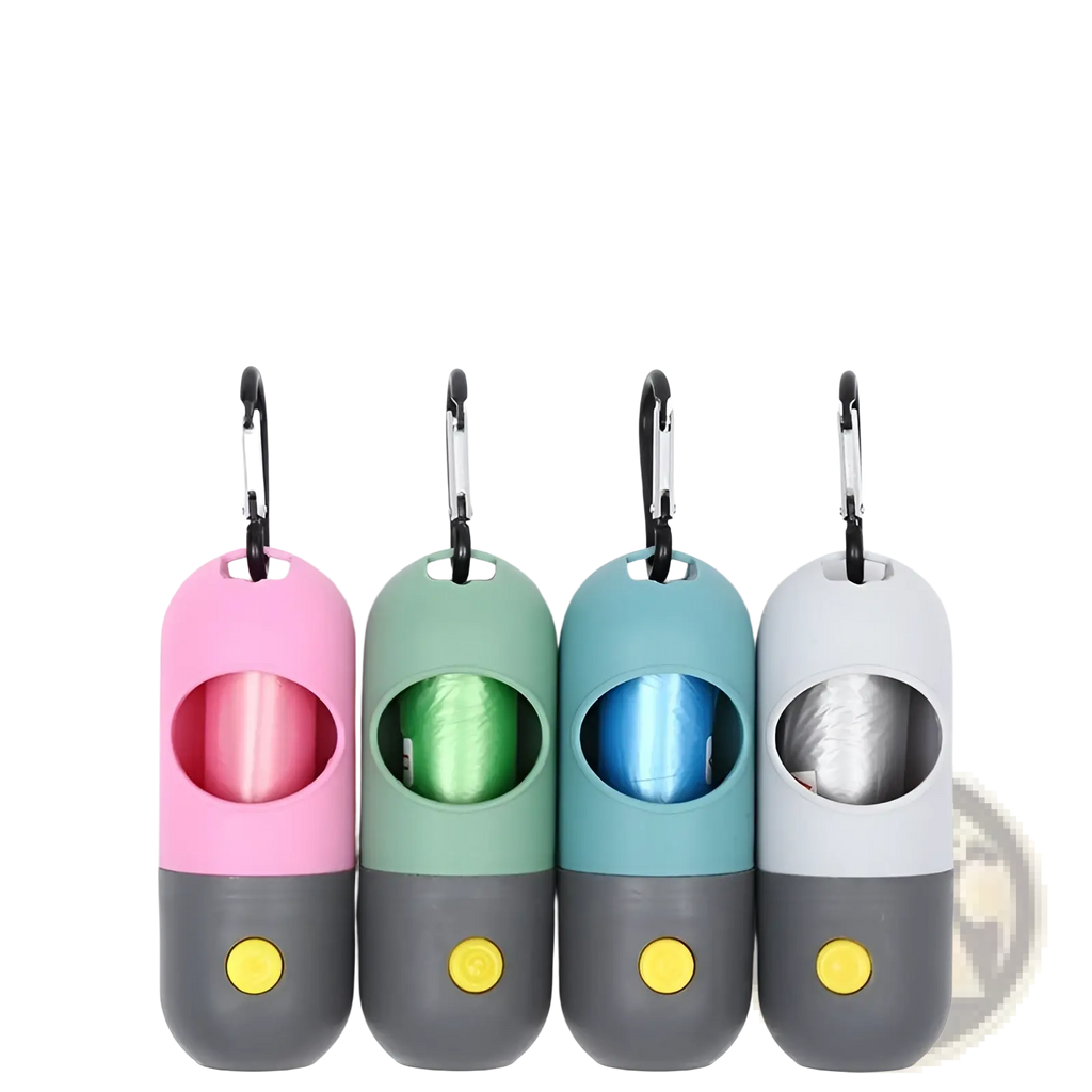 Led pet waste bag dispensers with light in pink mint green teal and gray featuring yellow buttons and black carabiners