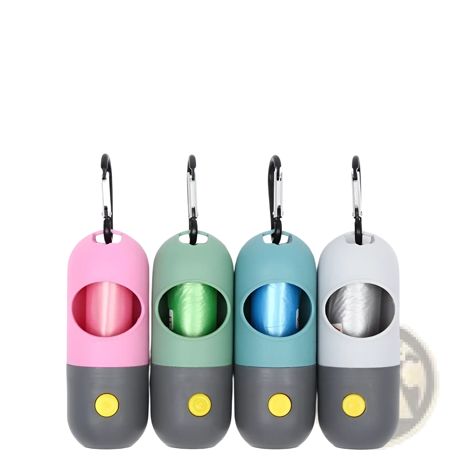 Led pet waste bag dispensers with light in pink mint green teal and gray featuring yellow buttons and black carabiners