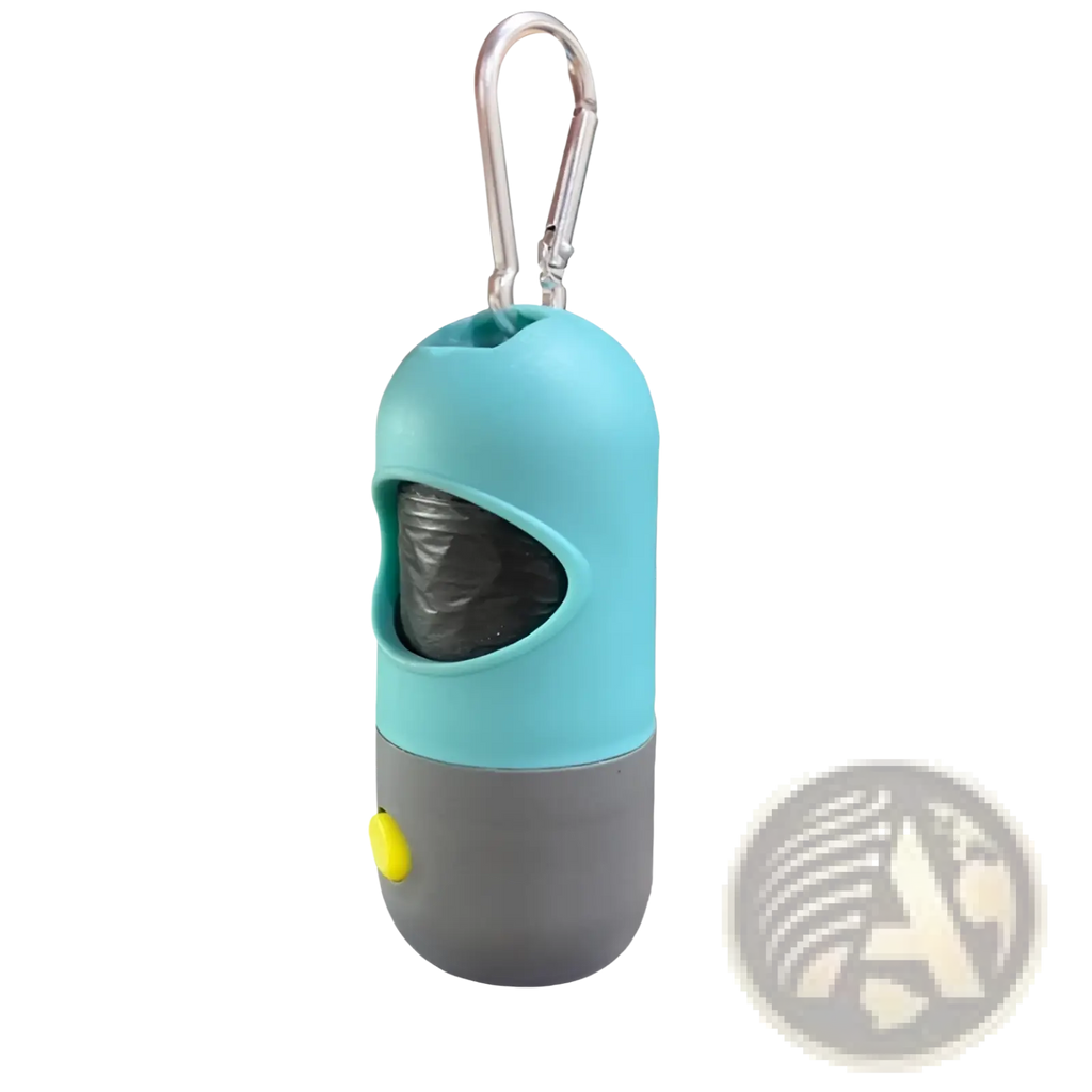 Led pet waste bag dispenser with light in teal and gray featuring a silver carabiner clip for easy attachment