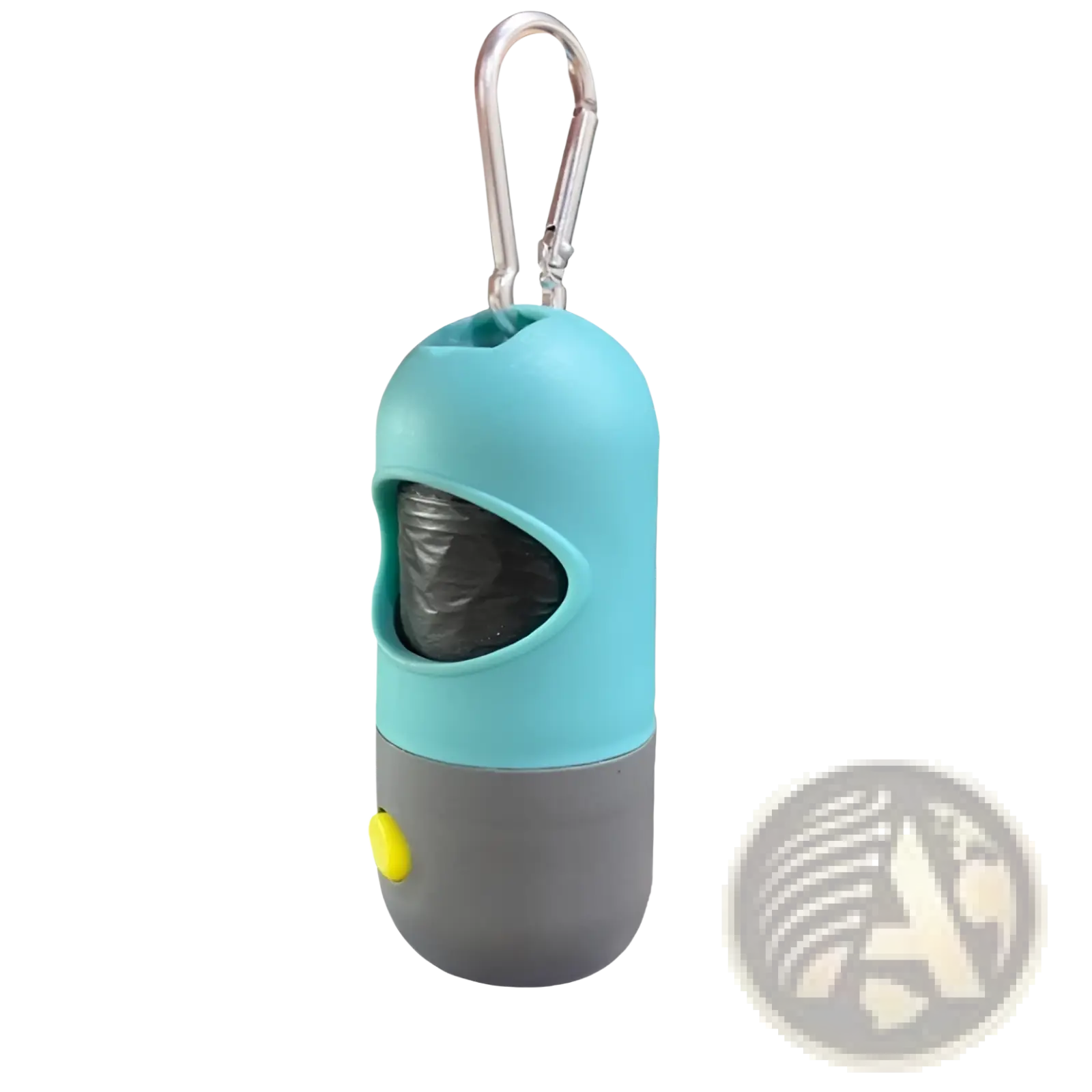 Led pet waste bag dispenser with light in teal and gray featuring a silver carabiner clip for easy attachment