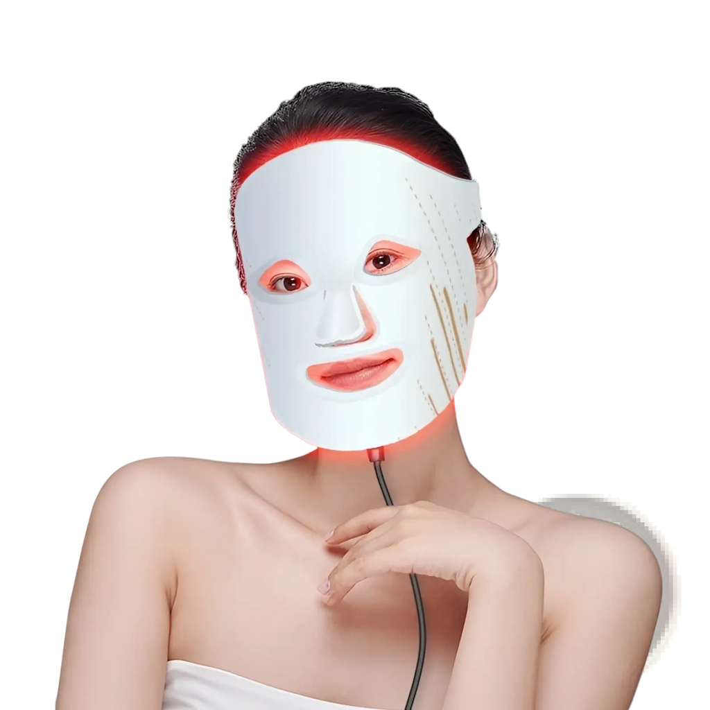 White led photon skin rejuvenation and brightening facial mask with red light illumination and black power cord
