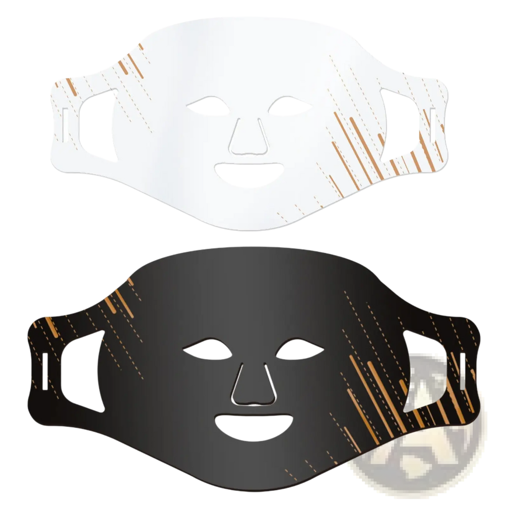 Led photon skin rejuvenation and brightening facial masks in white and black with gold streak patterns for skincare