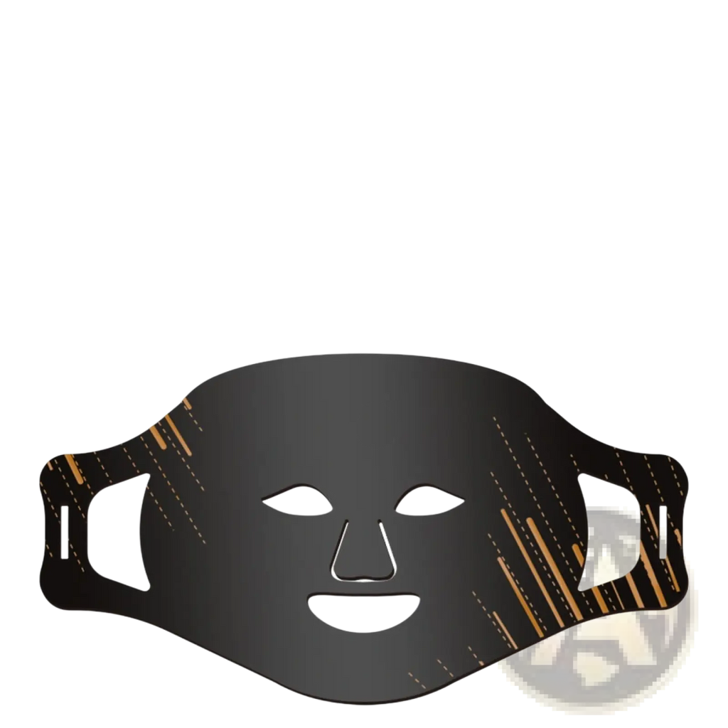 Led photon skin rejuvenation and brightening facial mask in black with gold diagonal stripes and cutouts for eyes nose and mouth