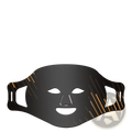 Led photon skin rejuvenation and brightening facial mask in black with gold diagonal stripes and cutouts for eyes nose and mouth