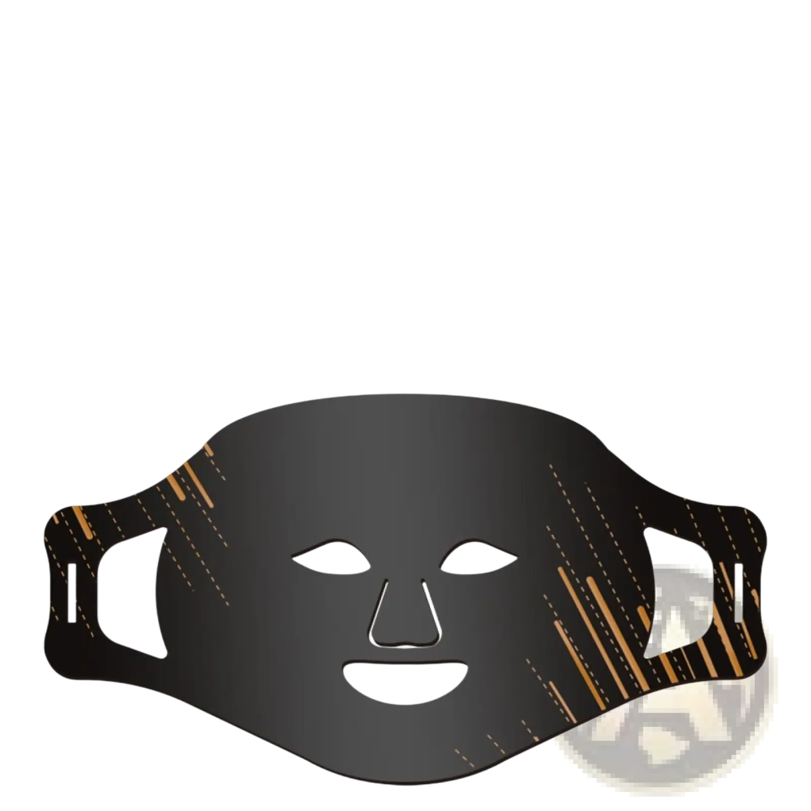 Led photon skin rejuvenation and brightening facial mask in black with gold diagonal stripes and cutouts for eyes nose and mouth