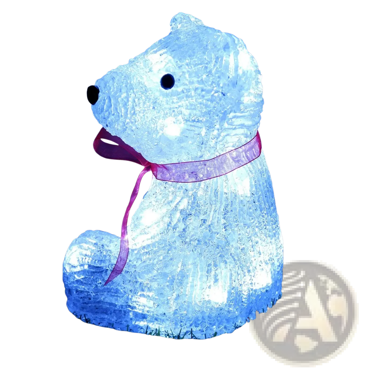 Led reindeer christmas ornament light featuring a glowing blue translucent bear figurine with icy texture and pink ribbon