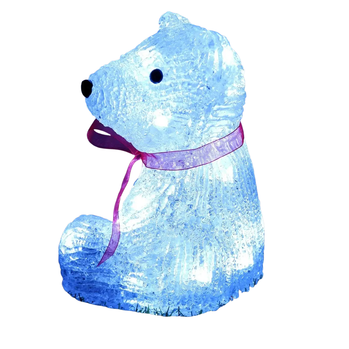 Led reindeer christmas ornament light featuring a glowing blue translucent bear figurine with icy texture and pink ribbon