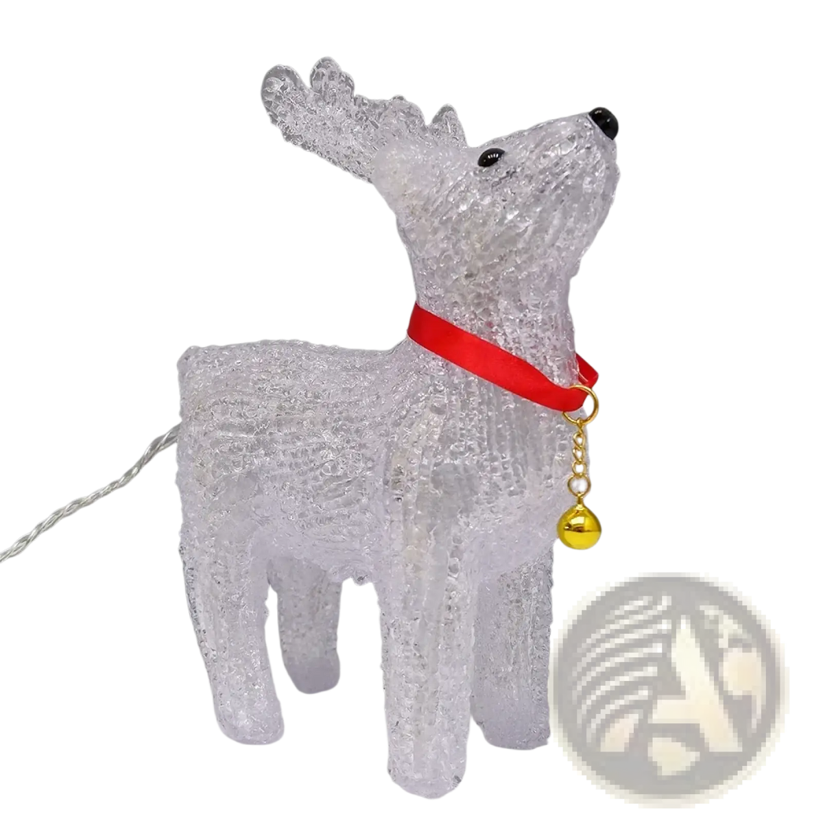 Led reindeer Christmas ornament light clear textured with red collar and gold bell for festive decoration