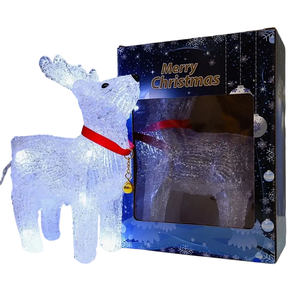 Led reindeer Christmas ornament light featuring an illuminated white figurine with a red collar and gold bell