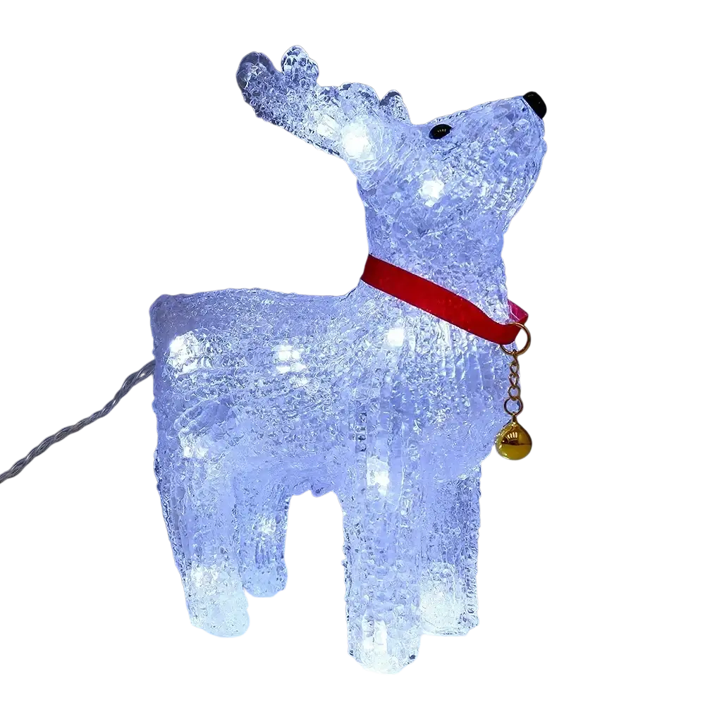 Led reindeer Christmas ornament light featuring an illuminated white figurine with a red velvet collar and gold bell