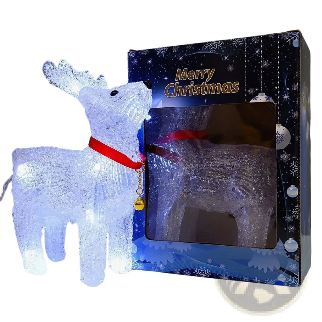 Led reindeer Christmas ornament light featuring an illuminated white figurine with a red collar and gold bell