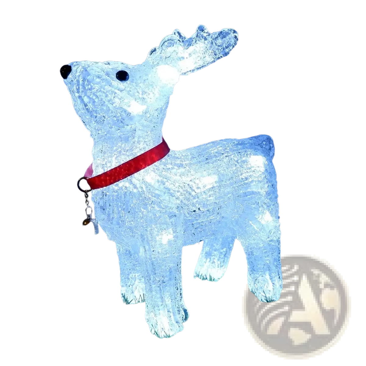 Led reindeer christmas ornament light featuring an illuminated white translucent reindeer with red collar and bell