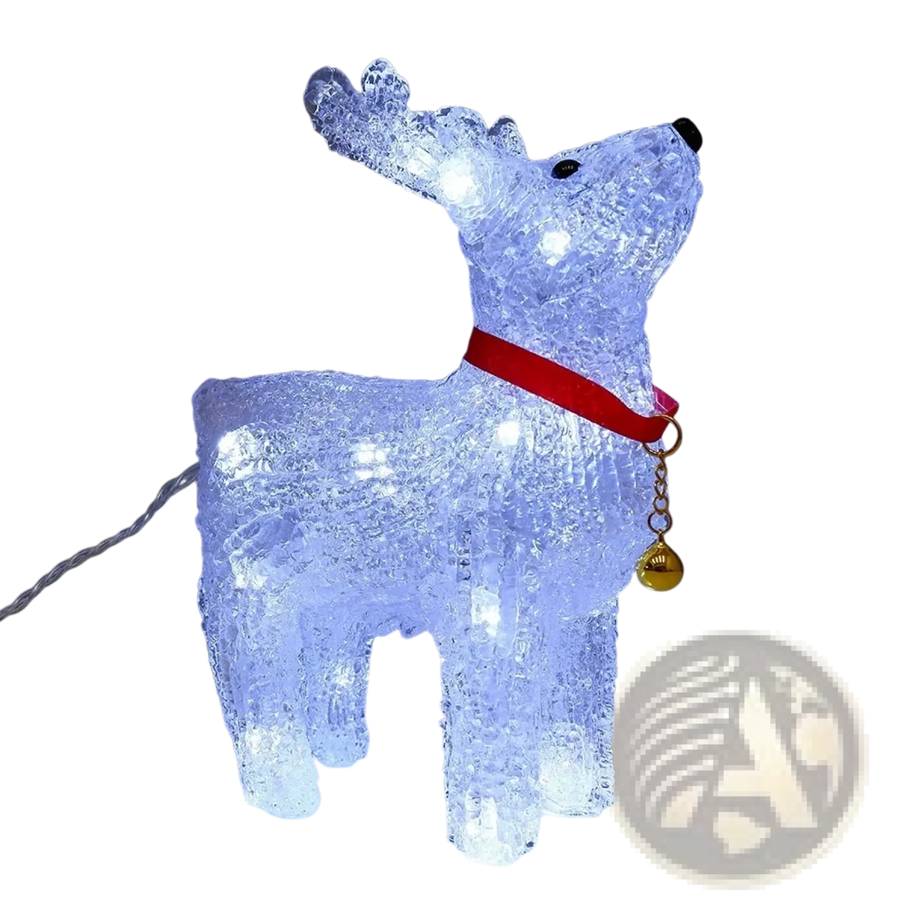 Led reindeer Christmas ornament light featuring an illuminated white figurine with a red velvet collar and gold bell