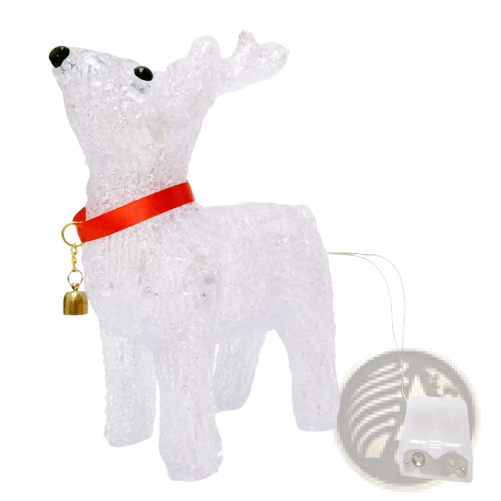 Led reindeer Christmas ornament light with translucent white crystalline finish, red collar, and gold bell decoration