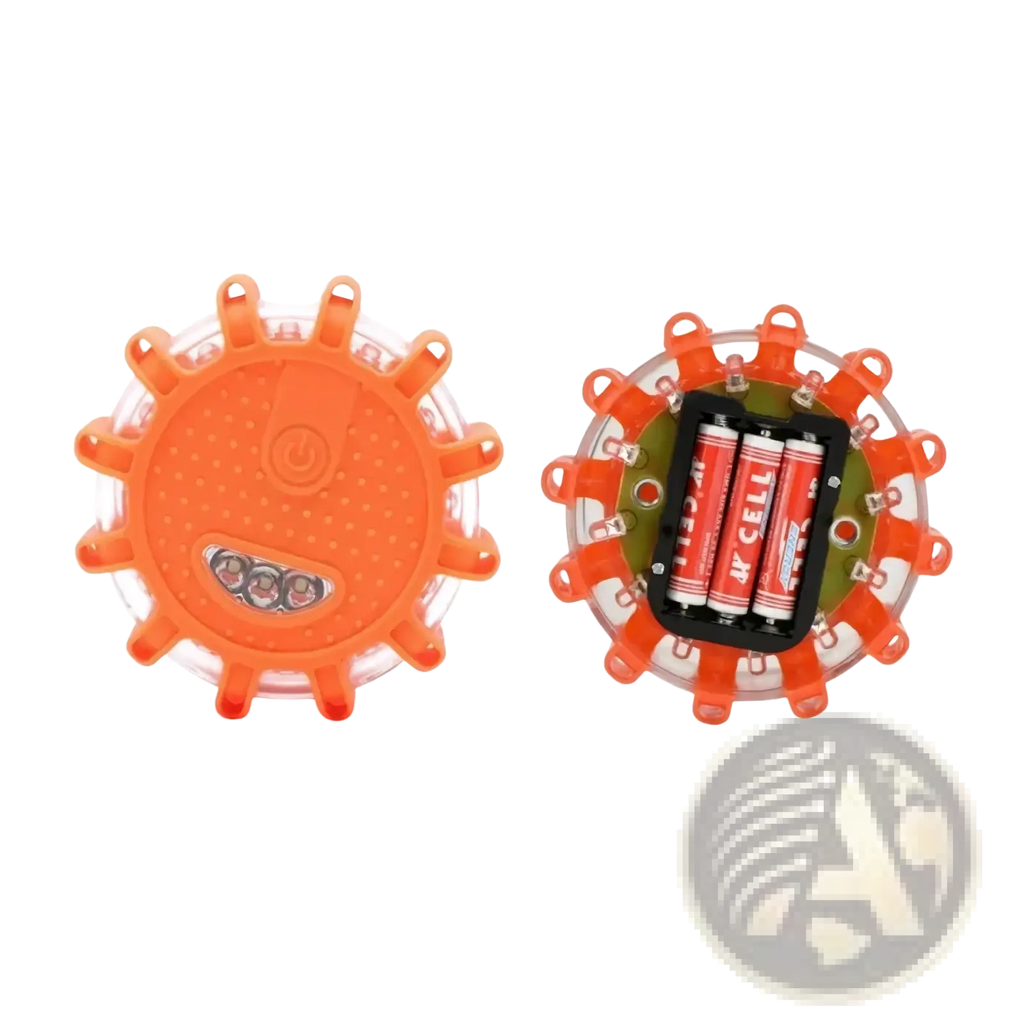 Bright orange circular led road flare emergency safety beacon with textured surface and three embedded lights shown front and back