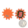 Bright orange circular led road flare emergency safety beacon with textured surface and three embedded lights shown front and back