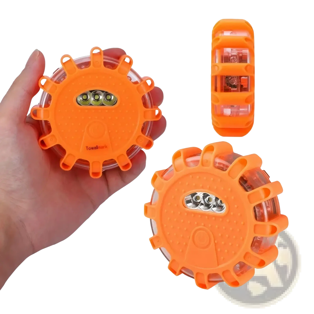 Bright orange compact plastic led road flare emergency safety beacon with three led lights and textured grip