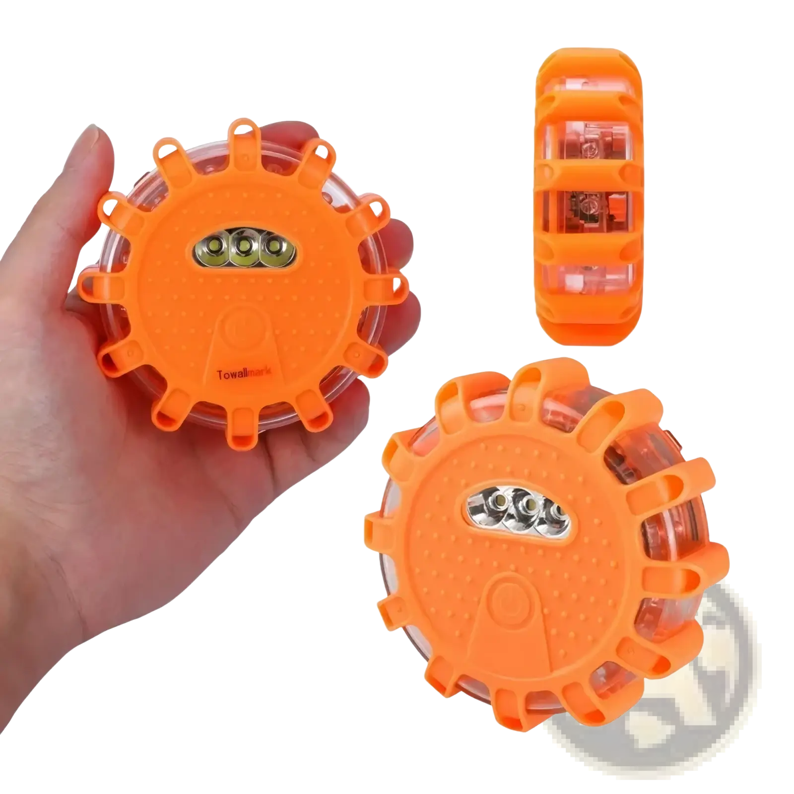 Bright orange compact plastic led road flare emergency safety beacon with three led lights and textured grip
