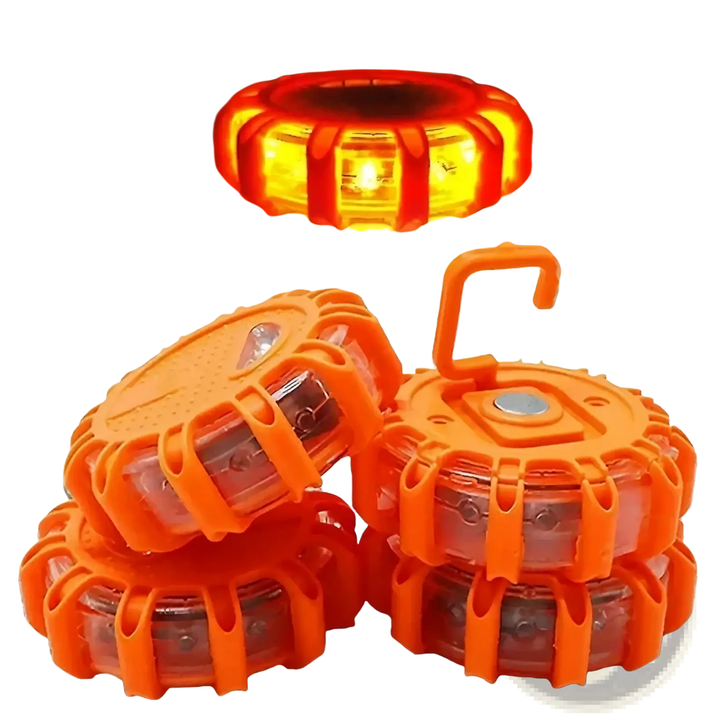 Led road flare emergency safety beacon strobe light with bright orange circular rugged plastic design and integrated hook