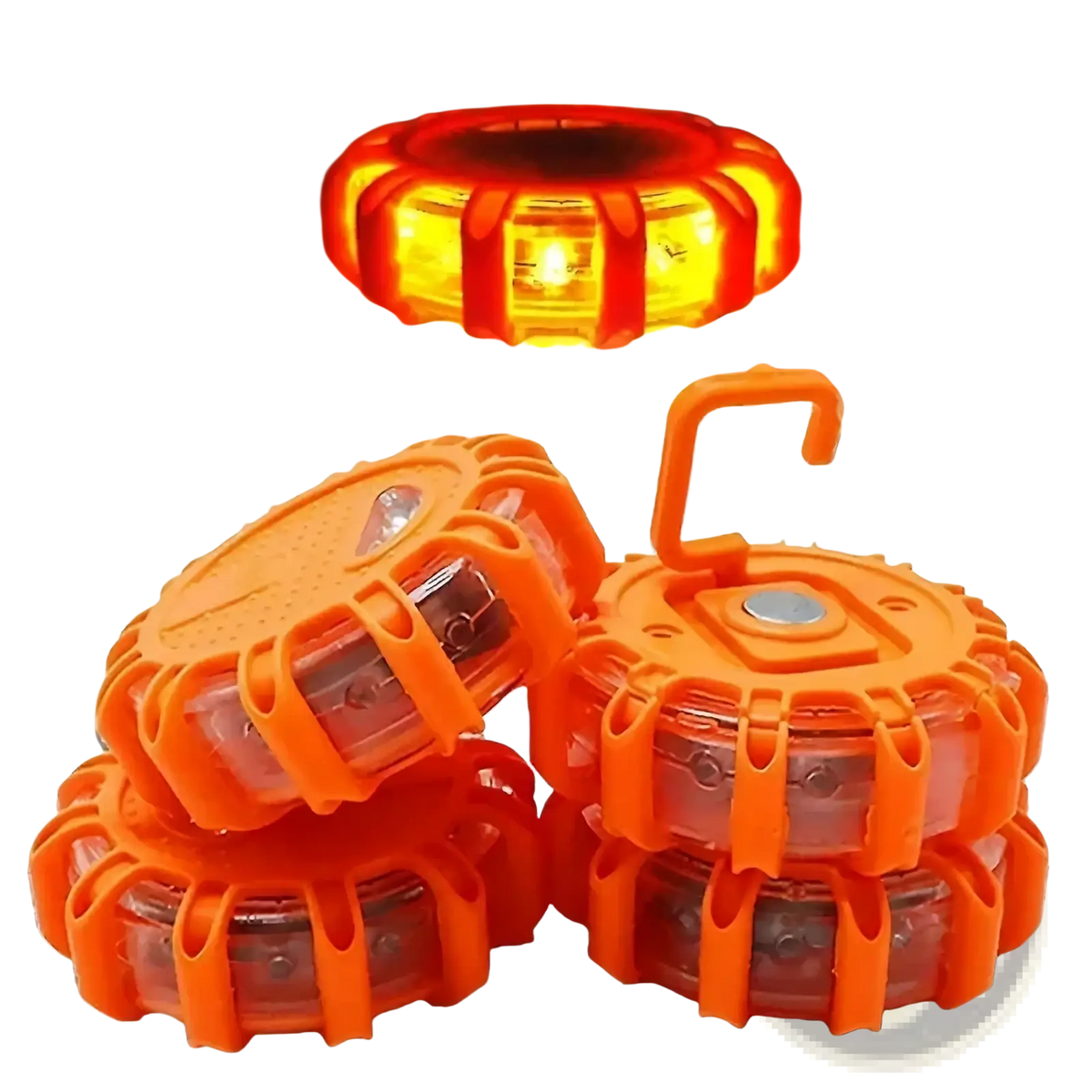 Led road flare emergency safety beacon strobe light with bright orange circular rugged plastic design and integrated hook