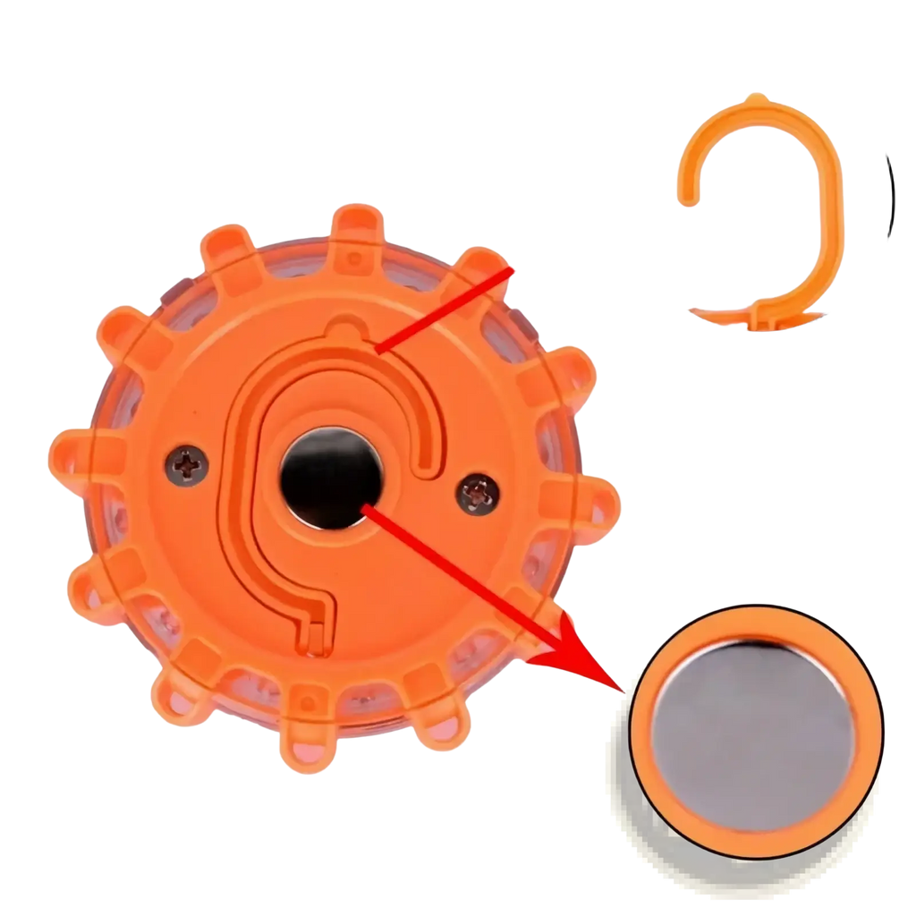 Orange plastic led road flare emergency safety beacon with flasher, hook, and magnet attachments for roadside use