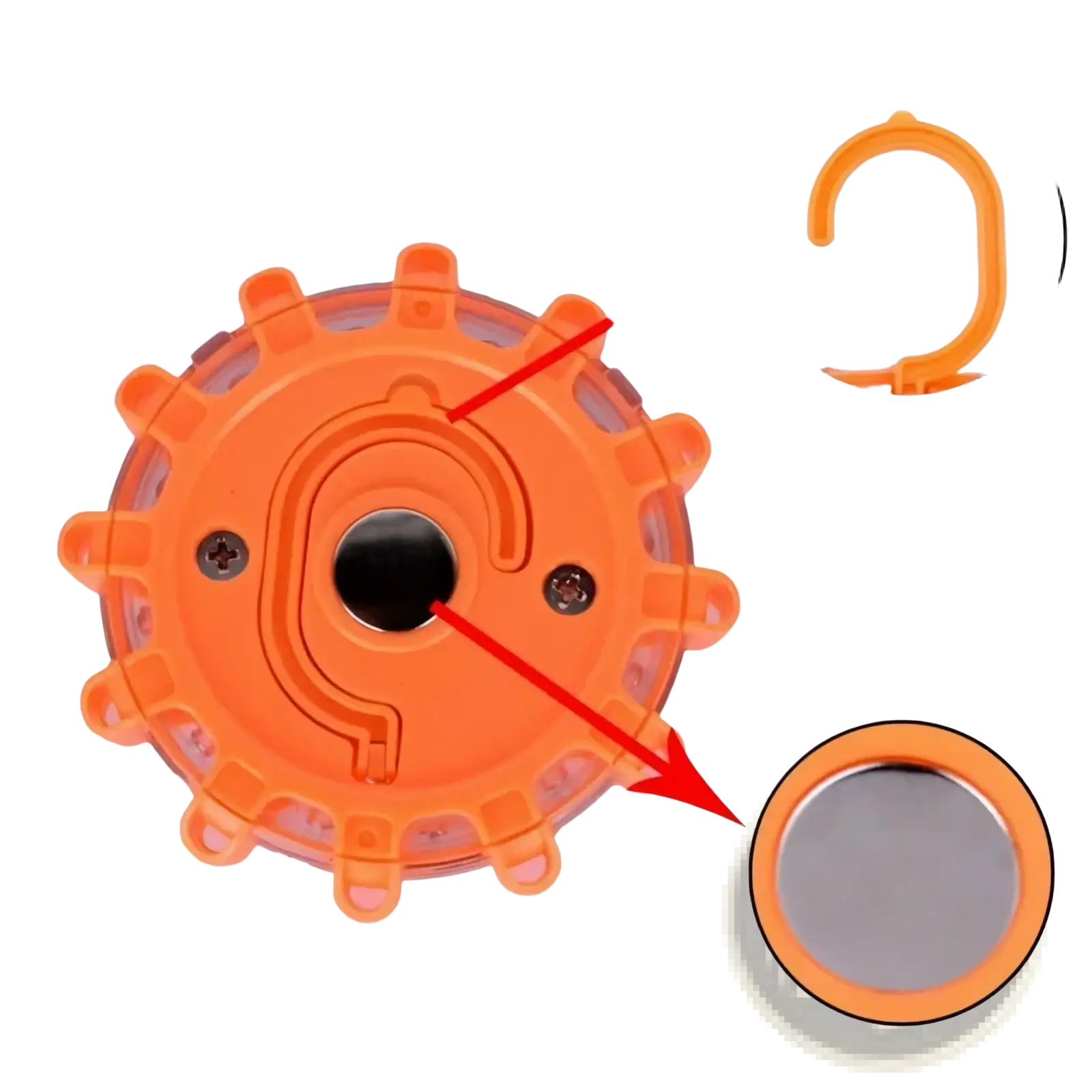 Orange plastic led road flare emergency safety beacon with flasher, hook, and magnet attachments for roadside use