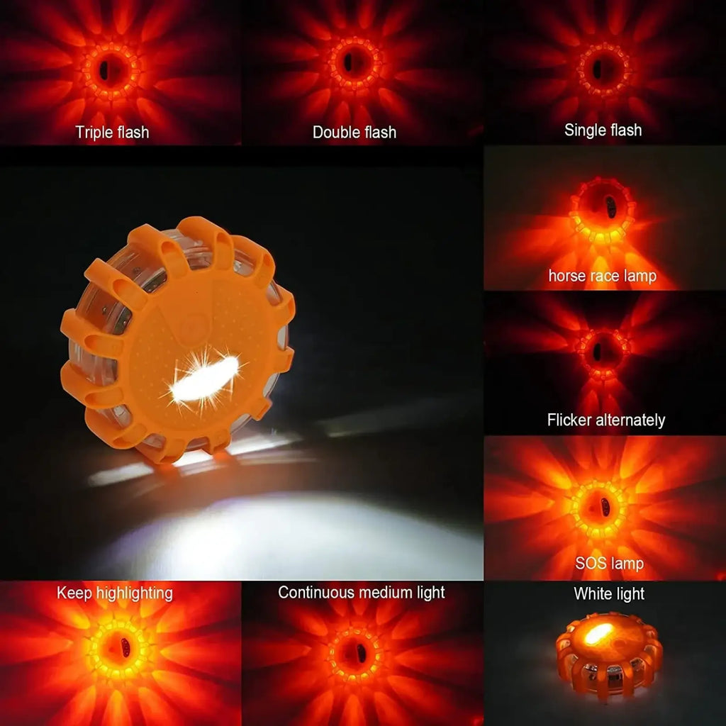Led road flare emergency safety beacon strobe light orange plastic with multiple flashing modes including sos pattern