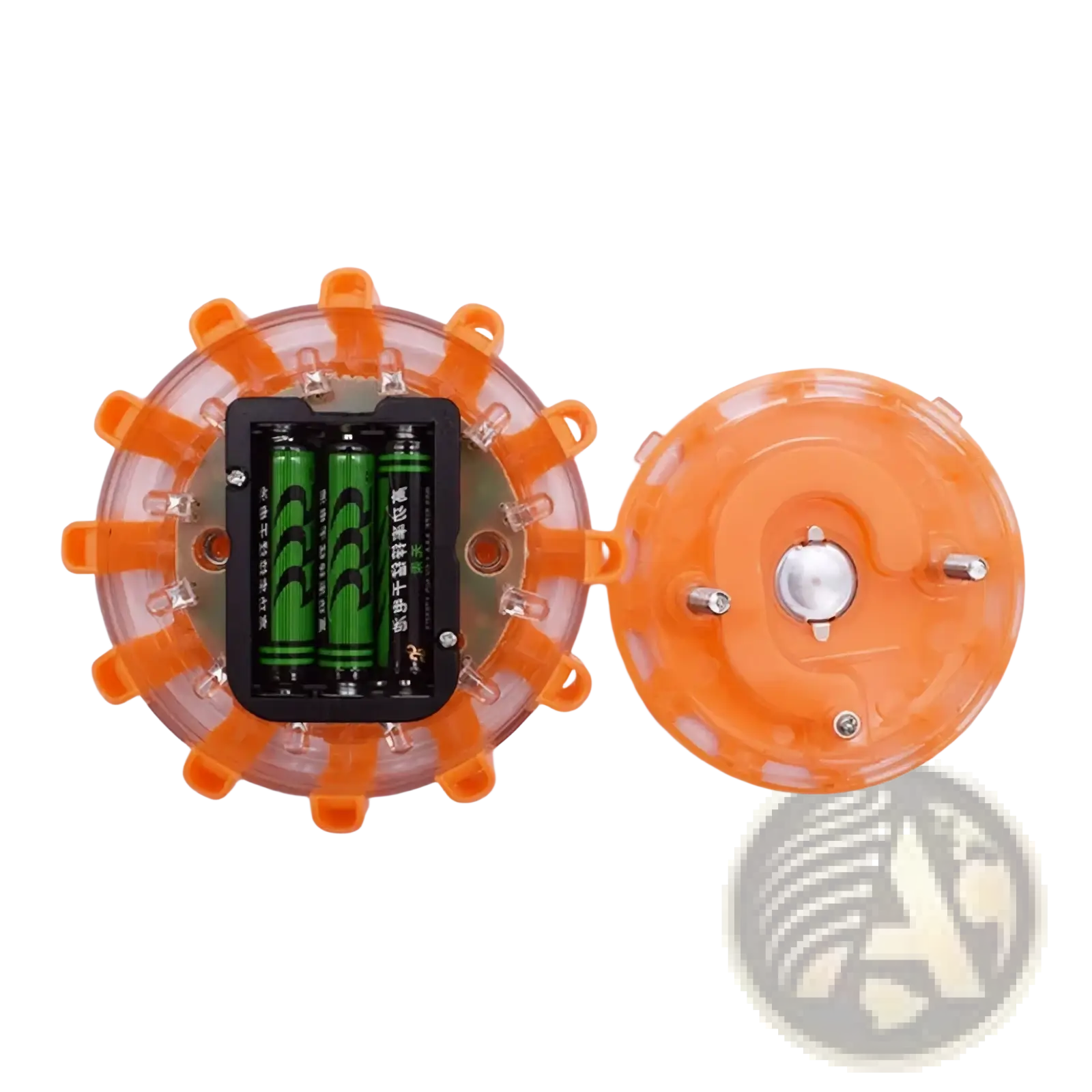 Led road flare emergency safety beacon strobe light with orange circular reflective light, transparent housing, and green aa batteries