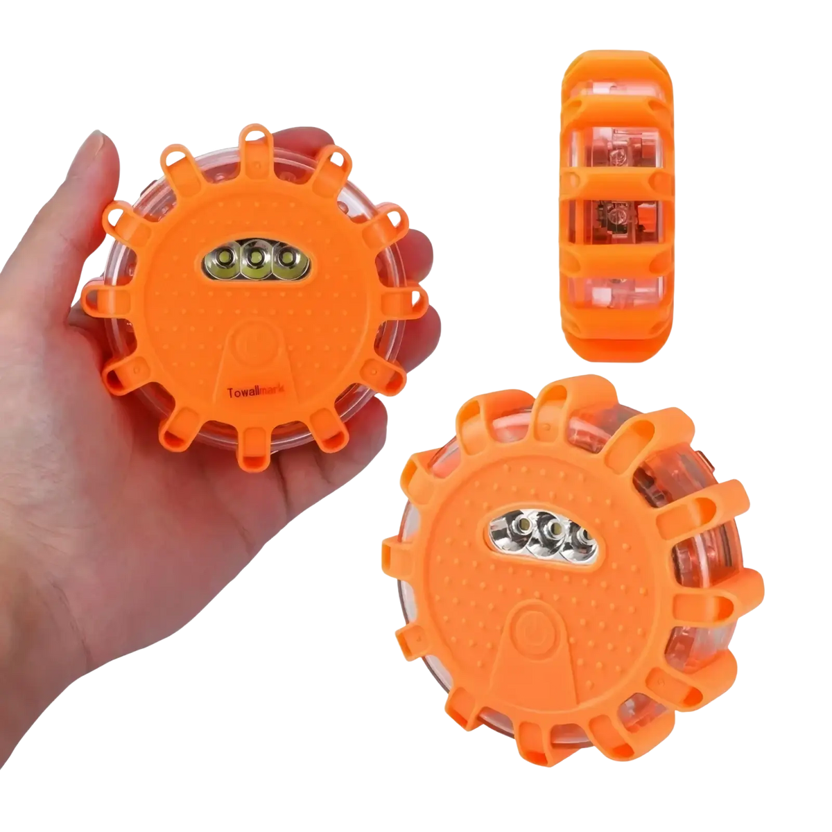 Bright orange compact plastic led road flare emergency safety beacon with three led lights and textured grip