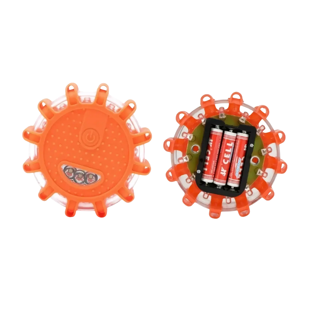 Bright orange circular led road flare emergency safety beacon with textured surface and three embedded lights shown front and back