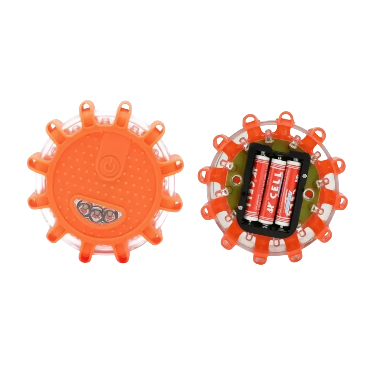 Bright orange circular led road flare emergency safety beacon with textured surface and three embedded lights shown front and back