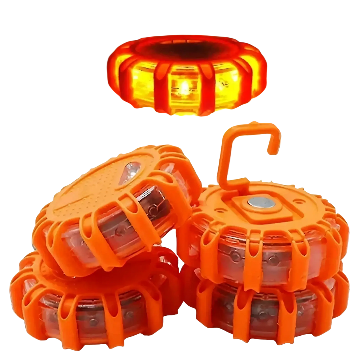 Led road flare emergency safety beacon strobe light with bright orange circular rugged plastic design and integrated hook