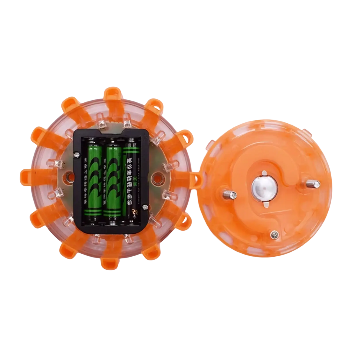 Led road flare emergency safety beacon strobe light with orange circular reflective light, transparent housing, and green aa batteries