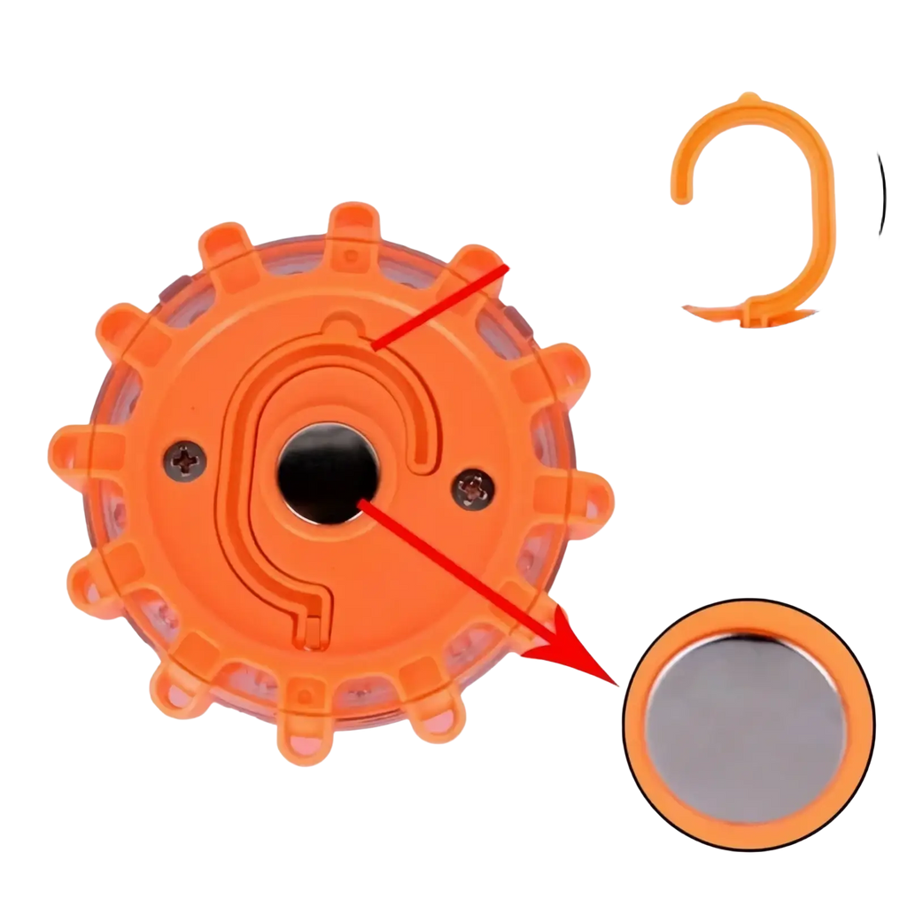 Orange plastic led road flare emergency safety beacon with flasher, hook, and magnet attachments for roadside use