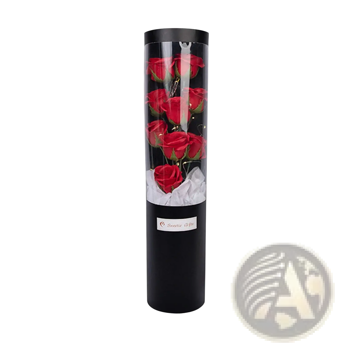 Black cylindrical led rose soap flower gift box with vibrant red roses and white tissue paper for valentines day